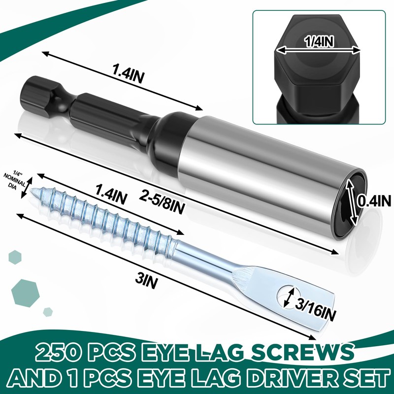 MorningRo 250 Pcs Eye Lag Screws and 1 Pcs Driver