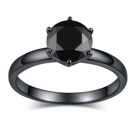 Jeulia Women's Solitaire Black Rings Round Cut Sterling Silver Rings Jewellery for Engagement Ring Wedding Ring, Silver