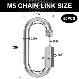 50PCS 2 Inches Chain Quick Links, M5 Galvanized Steel Thread Heavy Duty Carabiner Clips, 3/16" Locking Carabiners Connectors for Hammock, Camping, Pet Leash, Key Chain, Gym, 650 Lbs Capacity