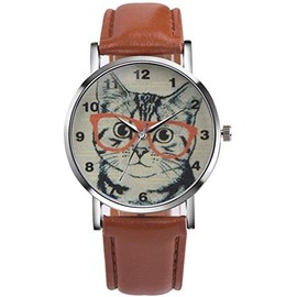 Unisex Scholar Cat Pattern Leather Band Analog Quartz Dial Wrist Watch (Brown)