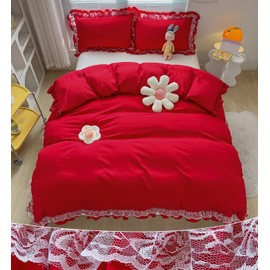 MOOWOO Christmas Chic Ruffle Lace Polyester Duvet Cover Set -Girl Pink Bedding-2 Piece Twin Duvet Cover with Zipper Closure -Ultra Soft and Light Weight