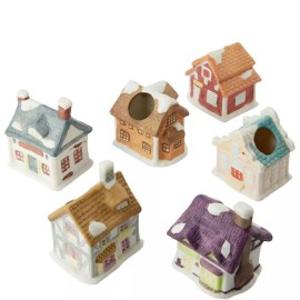 Set of 12 Miniature Snowy Painted Ceramic Christmas Village Houses