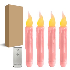 FCMSHAMD Pink Flameless Short Taper Candles, Real Wax Hand Dipped LED Battery Operated with Remote, Flickering Flame Lights for Festival Party Home Décor, 6.7 Inch Primitive Flameless Candles, 4PCS