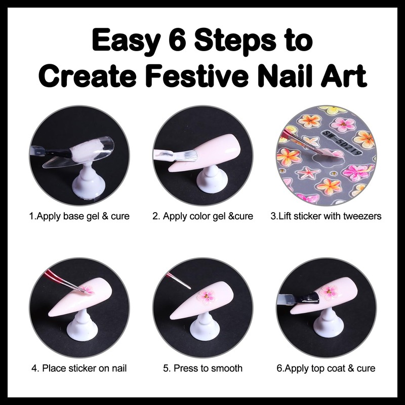 5D Flower Nail Art Stickers - 6 Sheets Embossed Floral