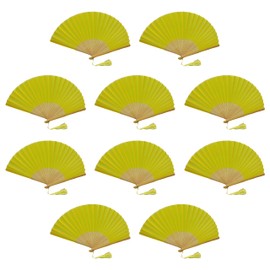 FANSOF.FANS Pack of 10 Fabric Handheld Fan with a Tassel Grade A Bamboo Ribs Party wedding Favour (Lemon Yellow)