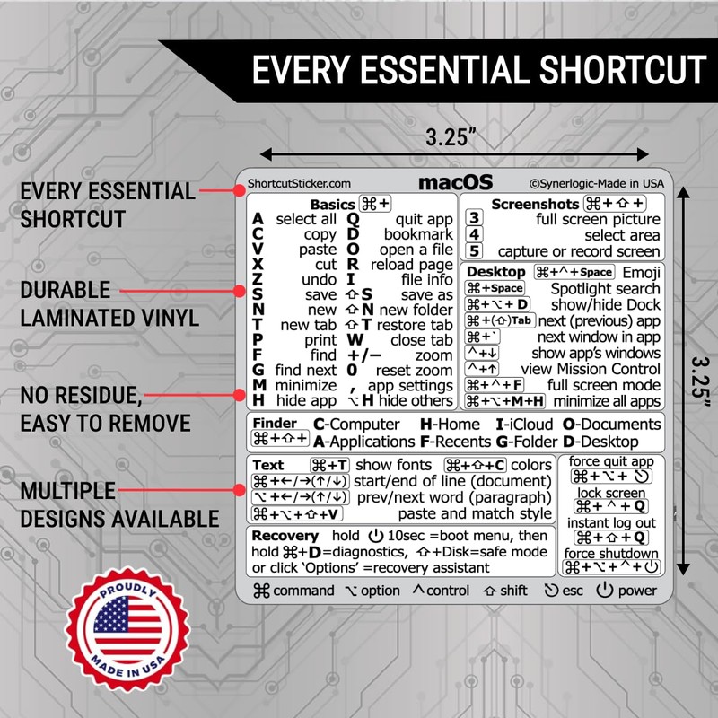 Synerlogic Mac OS Shortcuts Sticker for Air/Pro | Keyboard Stickers
