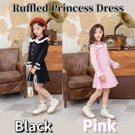 Peecabe Ruffles Toddler Girls Sweater Dress Soft Warm Long Sleeve V-Neck 2-6T Knitted Dress for Fall Winter (Pink, 5T)