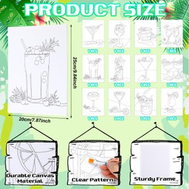 Motipuns 12 Set Pre Drawn Canvas for Painting for Adults Sip and Paint Kit with Easels 8 x 10 Inches Paint Party Kit with Printed Canvas Paints Brushes Palette Bag Apron(Cocktails)