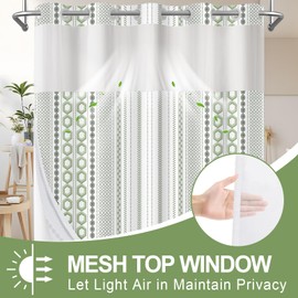 AXURXUI No Hook Shower Curtain with Snap in Liner and Sheer Window, Modern Hotel Style Shower Curtain Set for Bathroom Decor, Washable and Quick Install, Green and White, 71 X 84 Inches