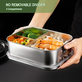 DAITET Leak-Proof Lunch Box Stainless Steel Bento Lunch Food Box Container with Fixed Dividers Stainless Lid Lunch Box with Compartments Large Single Layer Rectangular Lunchbox(47oz)