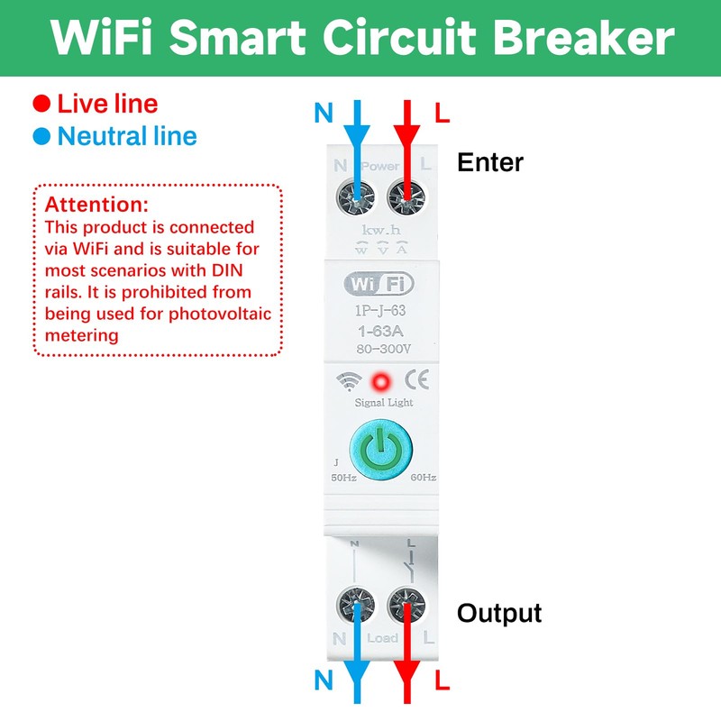 Jadeshay Tuya Smart WiFi Circuit Breaker, 1P 63A Switch, WiFi