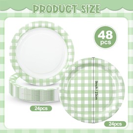 Houuqe 48pcs Sage Green Gingham Party Plates 9 Inch Checkered Plaid Dessert Plates Disposable Green and White Paper Plate for Fall Picnic BBQ Birthday Summer Dinner Party Supplies