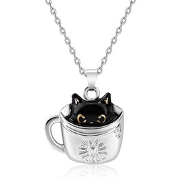Mikovivi Black Cat Necklace, Cat Pendant Necklace, Black Cat in a Cup, Jewellery Gift for Girls, Daughter, Granddaughter, Niece, Christmas, Birthday Gift, Metal, No Gemstone