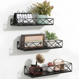 QUCHRYO Floating Shelves Set of 3,Wall Mounted Shelf with Metal Frame-Black
