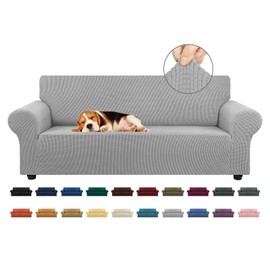 KEKUOU Stretch Sofa Cover Slipcover ，Couch Covers for 3 Cushion Couch Sofa pet Friendly (79"-94") Furniture Protector Sofa with Elastic Bottom for Kids,Dog, Jacquard Small Checked(Large,Silver)