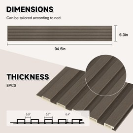 POHARE WPC Slat Wall Paneling, 8-Pack 3D WPC Wood Wall Panels, Acoustic Wall Panels for Interior Wall Decor, Living Room, Bedroom, Grey, 95 x 6 in