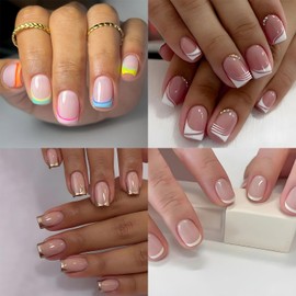 4 Styles French Tip Press on Nails Extra Short Square Metallic Chrome Fake Nails Kit False Nails Glue on Nails with Pink Glossy Design Full Cover Acrylic Stick on Nails Set for Women Nail Decor 96 Pcs