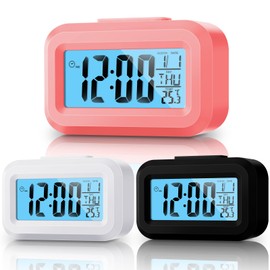 Highergo 3 Pack Digital Alarm Clock Large LCD Display, Simple Operation, Snooze Back Light, Time Date Month, Temperature Multifunction Clock for Bedrooms Office Travel Heavy Sleepers(Classic Colors)