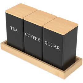 Tea Coffee Sugar Canister 1000 Ml Metal Coffee Tea Sugar Container with Airtight Bamboo Lid and Name Marker Food Storage Containers Jars for Coffee Sugar Tea Black Container Sets