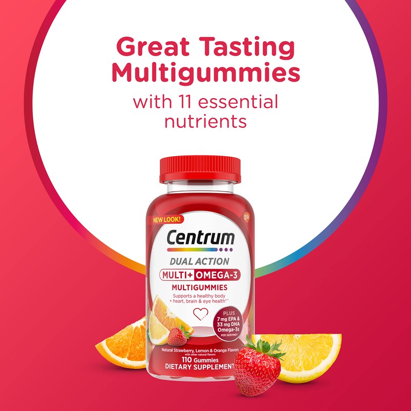 Centrum MultiGummies Multi+ Omega 3 Dual Action, Adult Multivitamin, Multivitamin/Multimineral/Omega
