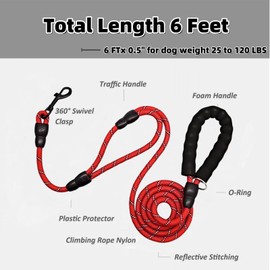 YUDOTE Premium 6ft Dog Leash with Traffic Handle, Reflective and Soft Padded Grip, Heavy Duty Clip,Durable Climbing Rope for Enhanced Control & Safety for Large or Medium Sized Breeds in Red