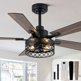 Bella Depot 46" Ceiling Fan with Light Farmhouse Caged Chandelier Fan with Remote Vintage Rustic Indoor Fandelier with Silent Motor for Dining Living Room Bedroom, (bulbs not included)