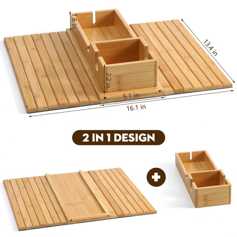 Bamboo Couch Arm Tray with Detachable Cup Holder, 2 in