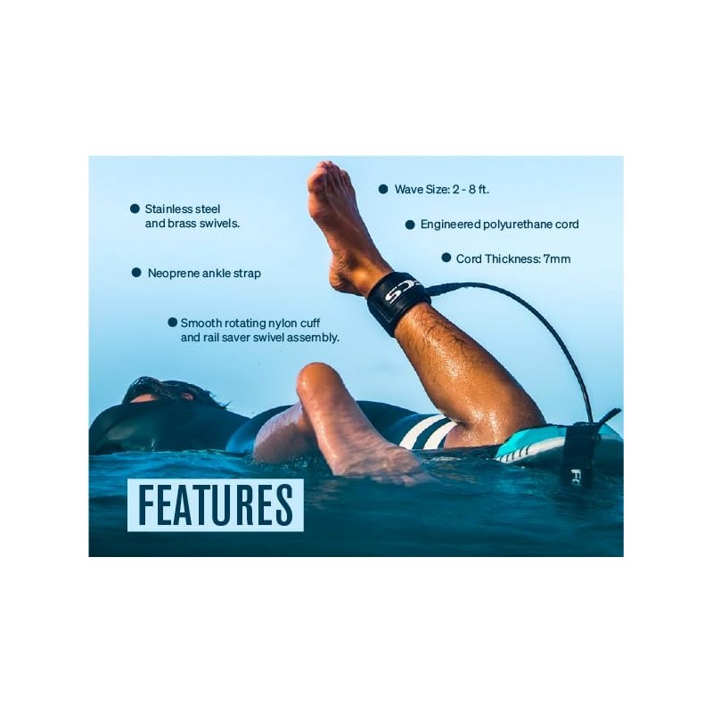FCS Regular Classic Surfboard Leash – Durable 7mm Cord, Neoprene