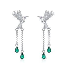 925 Sterling Silver Sparkling Hummingbird Earrings for Women White Gold Plated Piercing Tassel Drop Dangle Earrings with Emerald Animal Jewelry Gift for Birthday Mother’s Day Gift