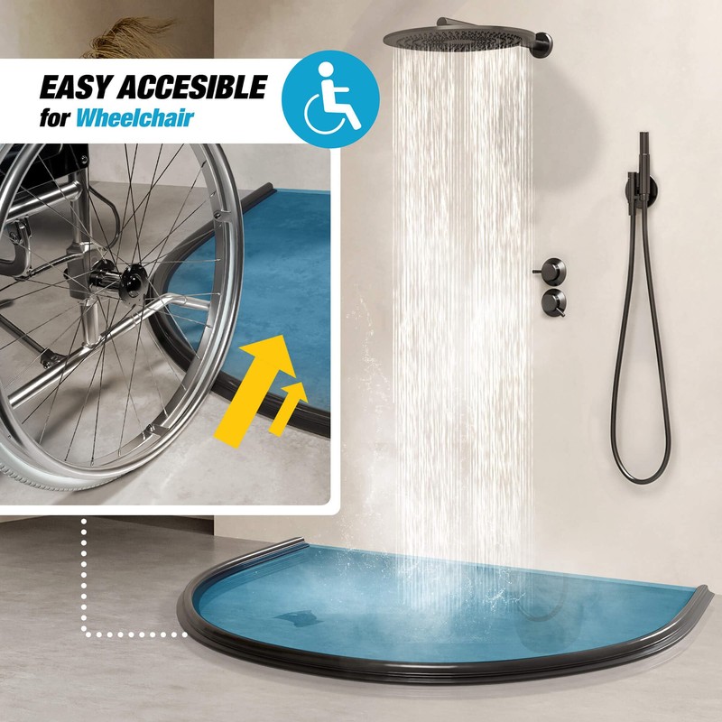 Shower Threshold Water Dam Barrier 40" Rounded - Black Collapsible