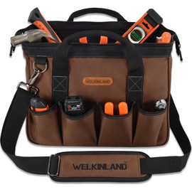 WELKINLAND 17-Pockets Electrician Tool Bag, 14" Portable tool bag, Brown heavy-duty tools bags for men, Mechanics tools bag with shoulder strap