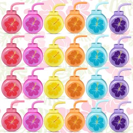Mifoci 24 Sets Hibiscus Party Favor Cups 10 oz Hawaiian Luau Cups with Straws and Lids Plastic Summer Drink Cups Tropical Flower Cups for Girls Aloha Tiki Beach Birthday Party Supplies, 6 Colors