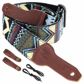Nefelibata Banjo Strap, 2" Wide, Full Grain Leather Jacquard Embroidered, Adjustable Replacement, Guitar Strap with Headstock Rope and Leather Headband (Bohemian Square)