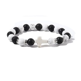 Caiyao 8MM Ornament Lava Volcanic Stone Beads Turquoise Cross Elastic Stretch Bracelet Religion Bangle for Women Men-4pcs