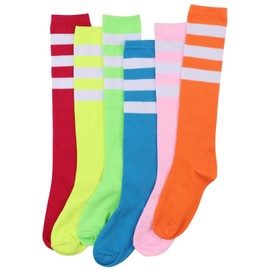 DRESHOW 6 Pairs Colorful Striped Knee High Socks Neon Stripe Calf Tube Socks for Women Girls Outdoor Sports Daily Socks
