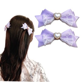 Heart Shaped Pearl Lace Ribbon Clips, Set of 2, Lavender