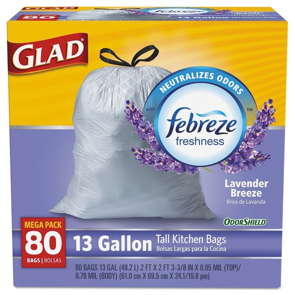 Glad OdorShield Tall Kitchen Drawstring Bags, Lavender, 13 gal, White,