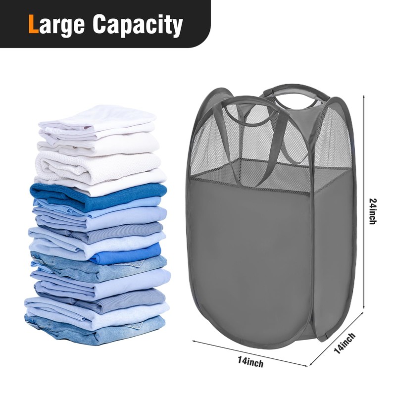 TECHMILLY Pop Up Foldable Laundry Basket, Mesh Laundry Hamper with