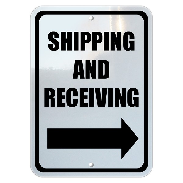 Shipping and Receiving Sign, Right Arrow Directional, Black, Mounting Holes,
