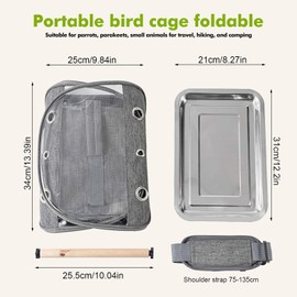 Bird Carry Bag with Standing Bar and Stainless Steel Tray, Portable Bird Cage, Pet Travel Bag for Parrots, Backpack for Birds with Wooden Stick, Small Pet Carry Bag, Bird Transport Box (Grey)