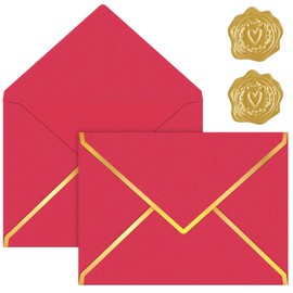 30 Pack 5x7 A7 Envelopes for Invitations, 250g Shimmer Cardstock 4x6 Business Envelopes with Gold Foil V Flap & Sealer, A6 Mailing Red Envelopes for 4x6 Cards Wedding Baby Shower Business(Rose Red)
