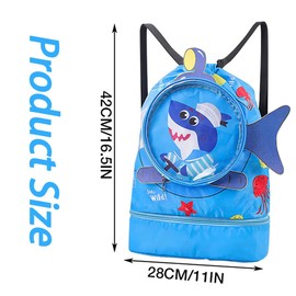 Children's Swimming Bag, Cute Animal Beach Backpack, Dry-Wet Separation Cartoon Children's Beach Bag, Waterproof Pool Bag with Shoe Compartment, Cartoon Swimming Bags for Kids (Shark-Blue)