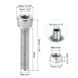 PATIKIL M6 x 30 mm Hexagonal Socket Screw Set of 3 Cylindrical Hollow Screw Nut Kit Lamp Threads Screws Through Hole Brackets 304 Stainless Steel