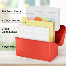 MaxGear 3x5 Index Card Organizer with Dividers, Plastic Box for Flash, Note, and Recipe Cards, Includes 100 Ruled Cards, 5 Color Dividers, 300 Card Capacity, Red