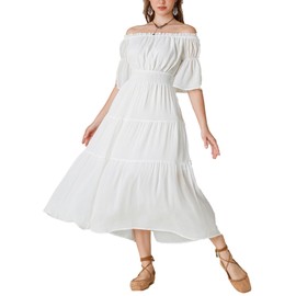 Scarlet Darkness Renaissance Costume Women Medieval Fairy Tiered Long Dress White Pirate Dress White S