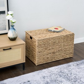 MOORLITER Water Hyacinth Storage Basket with Lid, 27.7 Gallon (105L) Blanket Storage Basket with Handles, Woven Storage Bin, Foldable, Metal Frame, for Bedroom, Laundry Room, Natural