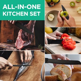 HAUSHOF Kitchen Knife Set, 5 PCS Knife Sets with Arcylic Block, Teflon Coated Black Knives Set for Kitchen, Premium Stainless Steel Knives Set with Ergonomic Handle, Great for Slicing, Dicing&Cutting