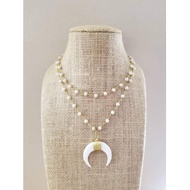 Big White Horn Pendant Necklace White Beaded Stone Chain Double Layered Boho Chic