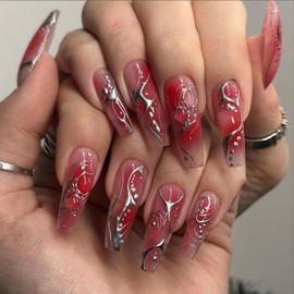 MISUD Press on Nails Extra Long Square Fake Nails Glossy Glue on Nails Red Ombre Acrylic Nails Squoval Artificial Nails 3D Silver Chrome Swirl Stick on False Nails with Design 24 pcs