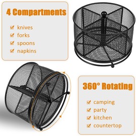 MAQUITA 360° Rotating Metal Utensil Caddy - 4 Compartment Silverware Cutlery Holder Rotation Fork Spoon Napkin Organizer Flatware Storage Basket Party Countertop Buffet Picnic Camping Outdoor Black